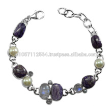 Natural Charoite Pearl & Rainbow Moonstone Gemstone with Sterling Silver Antique Bracelet